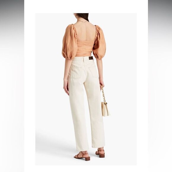 Revolve Nicholas Daw Cropped Linen Top Zip Front Puff Sleeve, Size 6, NWT - Picture 2 of 12